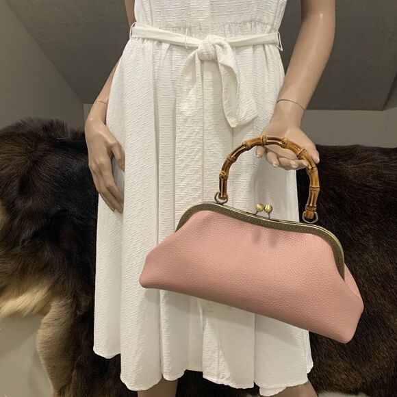 Handsewn Genuine Premium Pebble Leather Real Bamboo Handle Bag/Crossbody - Picture 3 of 14